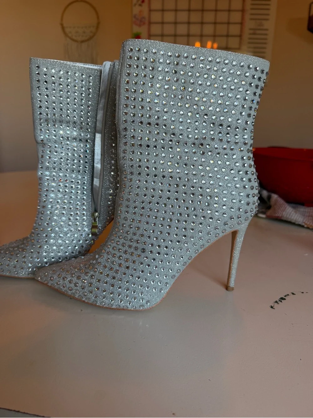 Silver Crystal-Studded Pointed Toe Ankle Boots